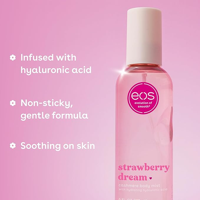 eos Cashmere Body Mist, Strawberry Dream, Body Spray for Women, Strawberry Perfume, Hair Mist, Moisturizing, Hyaluronic Acid, Glycerin, Vegan, Cruelty-free, 6 fl oz