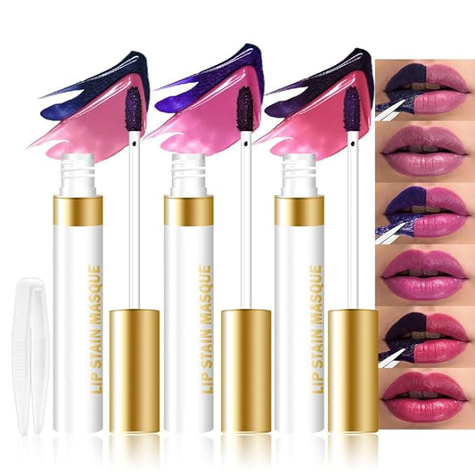 evpct 3Pcs Peel Off Lip Stain Tints with Tweezer, Liquid Lipstick Lip Stain Gloss Long Lasting Waterproof for Women, Non-stick Cup Lipstick Peel Off Highly Pigmented 24 Hrs Original Lips Stains, Set02