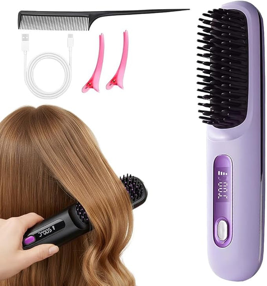 2026 New Cordless Hair Straightening with LCD Temperature Display, Fast Heating, Portable Hair Brushs for Travel (Purple)