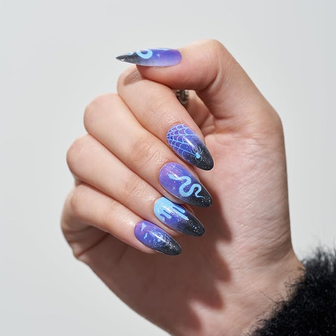 GLAMERMAID Press on Nails Medium Almond, Winter Gothic Black Blue Ombre Snake Gel Glue on Nail, Glossy Short Stiletto Reusable UV Finish Emo Fake Nails, Acrylic False Nails Manicure Kits for Women