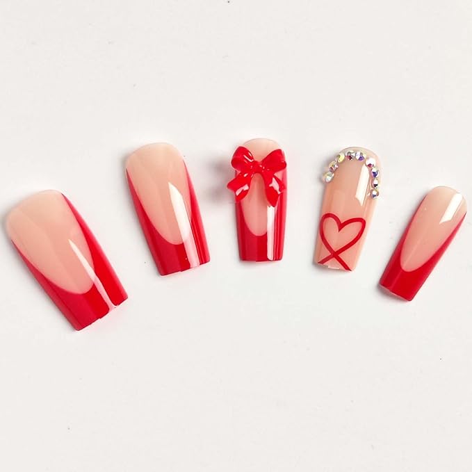 Medium Press on Nails Coffin - Red French Tip Fake Nails with Bow Heart Design - Glossy Full Cover Stick on False Nails with Rhinestone for Women Manicure 24 Pcs