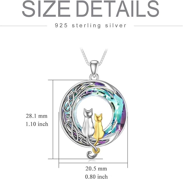 TOUPOP Cat Gifts for Cat Lovers One Two Three Four Cats Necklace Sterling Silver Cats on the Moon Pendant Necklace with Blue Circle Crystal Birthday Christmas Celtic Jewelry Gifts for Women