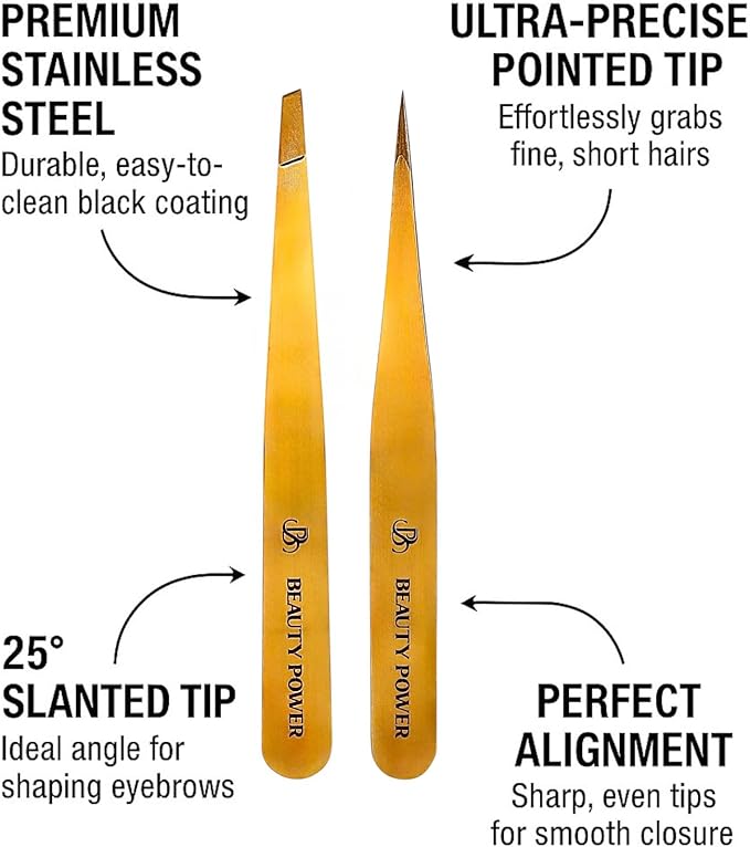 Beauty Power Professional Tweezers Set – Slant & Point, Ultra Precision German Stainless Steel Tweezers for Eyebrows, Chin, Ingrown Hair & Facial Grooming – Lightweight with Travel Case (Matte Gold)