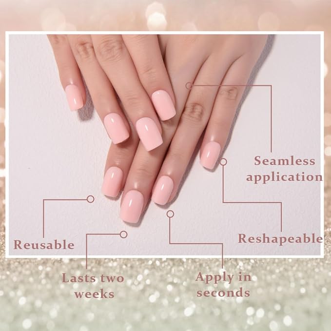 evpct Light Nude Pink Short Press on Nails Square, Glossy Soft Gel Acrylic Fake Press on Nails Manicure Kit, Reusable Artificial Stick on Nail for Women, Full Cover Easy Application Easy At-Home Salon
