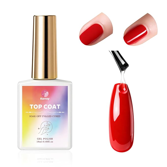 Karroy Top Coat for Gel Nail Polish, No Wipe High Glossy Long-Lasting Clear Formula, UV/LED Lamp Cured, Salon-Quality Home DIY, 1PC 18ml