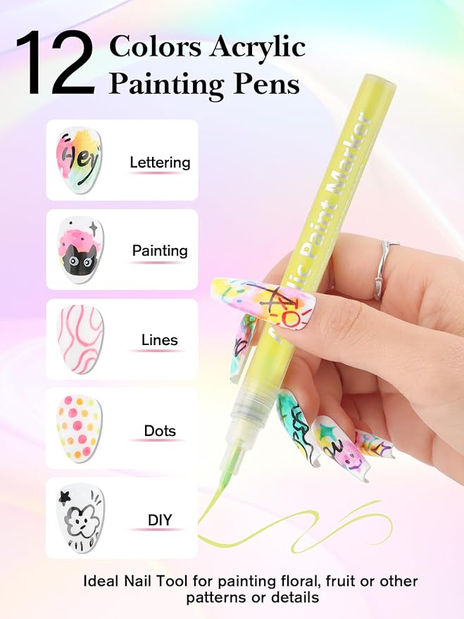 EBANKU 12 Colors Nail Art Pens Set Nail Polish Pens Quick Drying 0.7MM 3D Acrylic Paint Pens Clear Handle Point Liner Pen Drawing Painting Tool for Home DIY Nail Art Design (Set A)