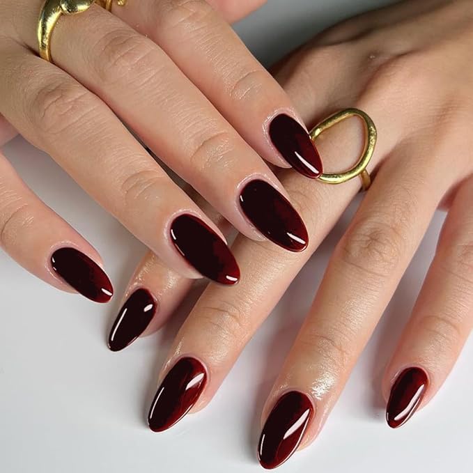 GLAMERMAID Dark Red Press on Nails Medium Almond, Handmade Jelly Soft Gel Deep Red Glue on Nails Stiletto, Burgundy Gothic Fake Nails Set, Reusable Acrylic Stick on False Nails Manicure Kit for Women