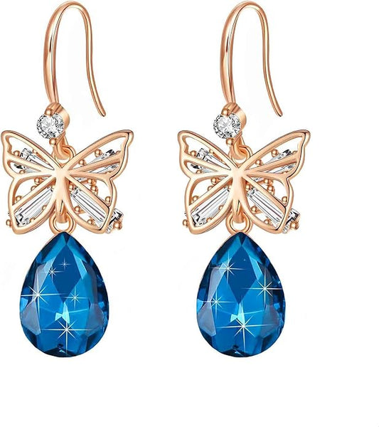Austrian Crystal Teardrop Butterfly Drop Dangle Earrings for Women 14K Rose Gold Plated Hypoallergenic Jewelry