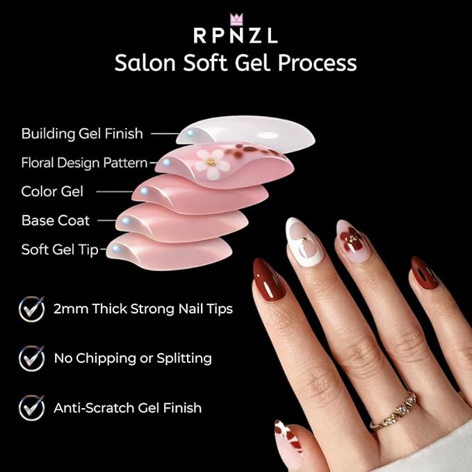 RPNZL Press On Nails - Blossom | Floral Design Almond UV Finish Nails, Salon Quality | 32 Nails, 16 Sizes Kit with Glue and Adhesive Tabs I Female Founded
