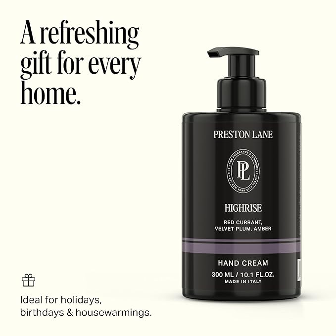 Preston Lane Luxury Hand Cream, Highrise Scent, Made in Italy | Hydrating Formula with Tea Tree, Lavender & Lemon Essential Oils, Hyaluronic Acid, Vitamins C & E, and Kiwi & Apple Water