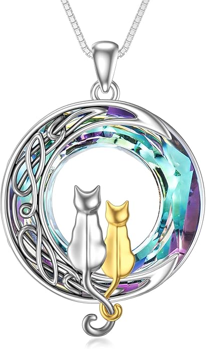 TOUPOP Cat Gifts for Cat Lovers One Two Three Four Cats Necklace Sterling Silver Cats on the Moon Pendant Necklace with Blue Circle Crystal Birthday Christmas Celtic Jewelry Gifts for Women