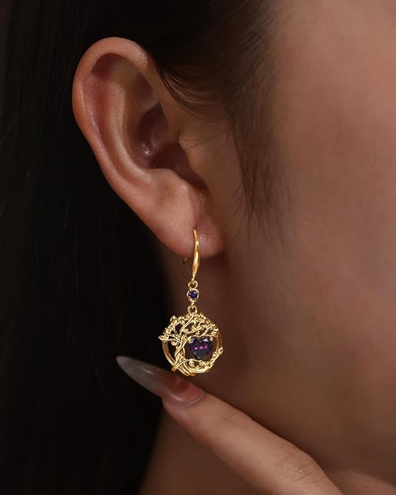 FANCIME Tree of Life Dangle Drop Earrings 925 Sterling Silver Dainty Round Gemstone Birthstone Earring Fine Jewelry Birthday Christmas Gifts for Her Women