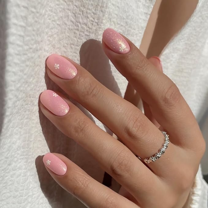 XZMeiLun Pink Glitter Press On Nails Almond Squoval, White Flower Pattern Designer Reusable Acrylic Nails Press Ons, Fake Nails With Glue On, Daily Wear Floral False Nails For Women