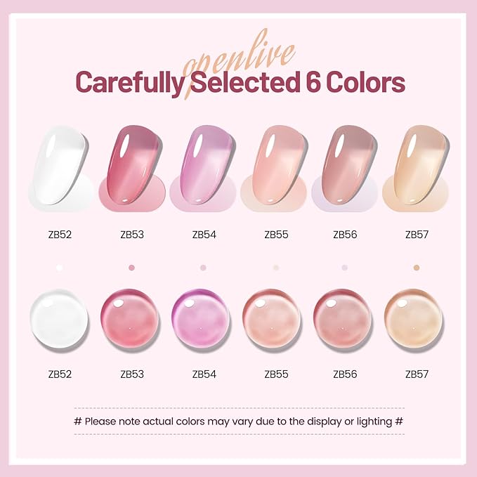 OpenLive Jelly Nail Polish Set 6 Colors White Pale Red Soft Pink Natural Nude Pale Purple Fresh Pink Purple All Seasons Neutral Color Quick Dry Nail Polish Set for Women Salon DIY Nail Art