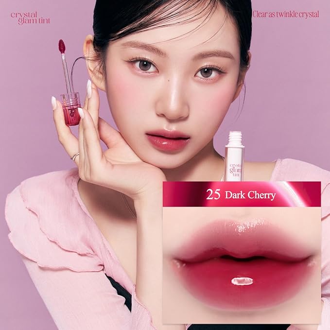 CLIO CRYSTAL GLAM TINT (CHERRY SERIES 025 DARK CHERRY), Glossy Finish, Lightweight, Buildable, Glass-Like, Smoothing, Long-Lasting, Vivid, Transparent, Shiny, Moisturizing Lip Stain, Korean Lip Tint