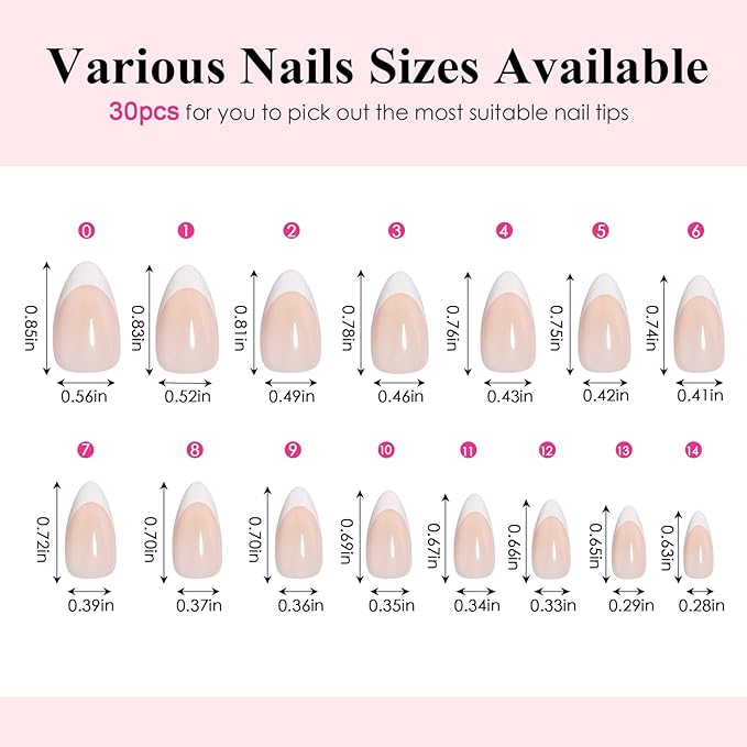 Canvalite French Tip Press On Nails, 30Pcs Short Almond Press on Nails Reusable Acrylic Fake Nails with Glue & Glue Remover Easy to Use Manicure Kit for Women, White