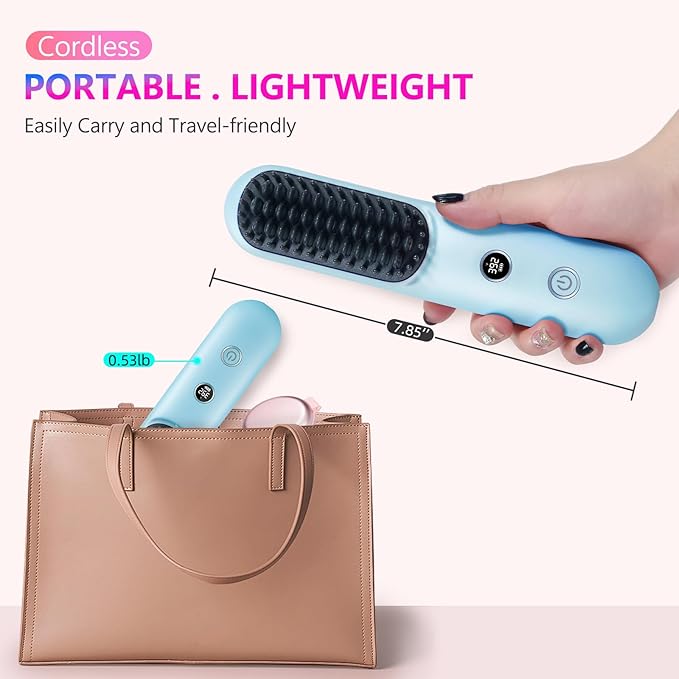 STUDLLY LCD Screen Cordless Hair Straightener Curler 2 in 1, Portable Mini Hair Straightening Brush for Travel Negative Ionic Fast Heating Hot Comb for Women, Folding Brush with Mirror, Blue
