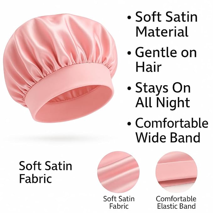 Satin Sleep Bonnet for Women - Pink Silk Hair Wrap for Sleeping, Adjustable Soft Night Cap for Curly Hair, Natural Hair Protection, Frizz-Free, Single Layer Lightweight