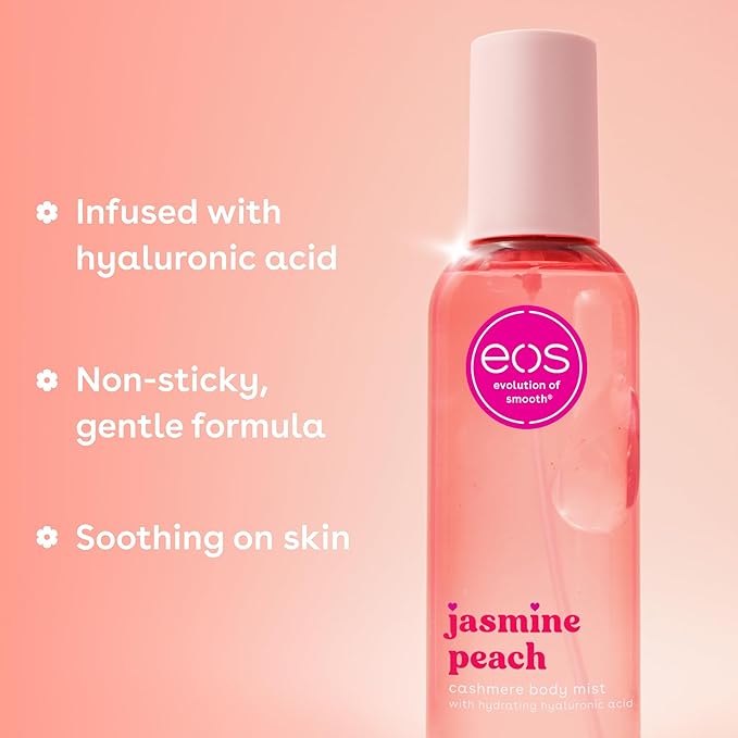 eos Cashmere Body Mist, Jasmine Peach, Body Spray for Women, Hair Mist, Floral Perfume, Moisturizing, Hyaluronic Acid, Glycerin, Vegan, Cruelty-free, 6 fl oz