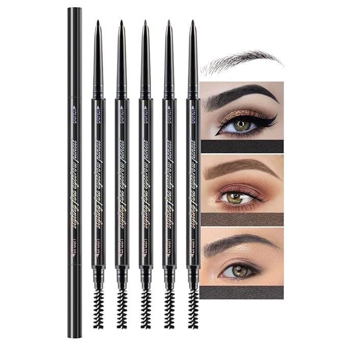 5 Pcs Dual-Sided Auto-rotate Ultra-Fine Tip Eye Brow Pencils Pack,Draws Tiny Precise Brow Makeup, Defines, Fills Brows, Shapes, Contours, Combs, ‌1mm Pen Point (Black+3*Light Brown+Gray)