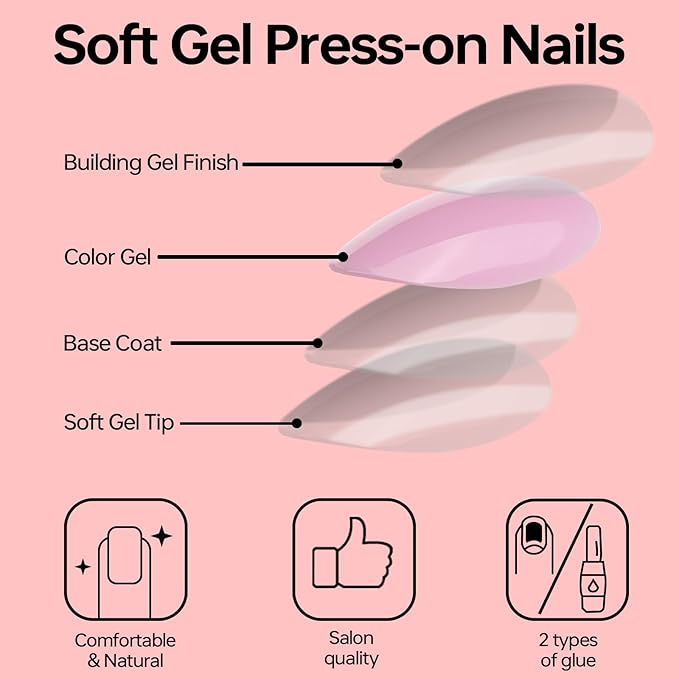 Pink Press On Nails Short 16 Sizes 32pcs Almond Fake Nails Glossy, Nail Glue Included
