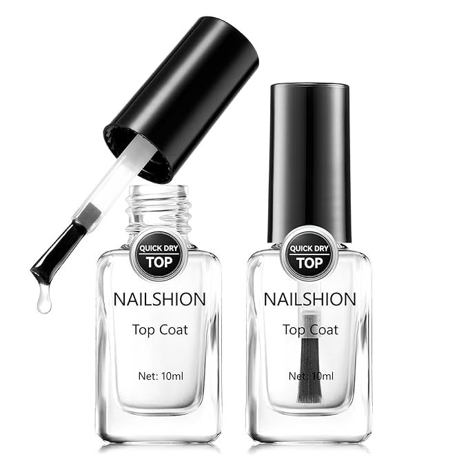Nailshion 2Pcs Glossy Top Coat Clear Nail Polish, Quick Air Dry Regular Nail Polishes, High Shine Finish Long-Lasting Color Protection No Chip Vegan Hema-free Non-gel Salon Nail Art Gift for Women