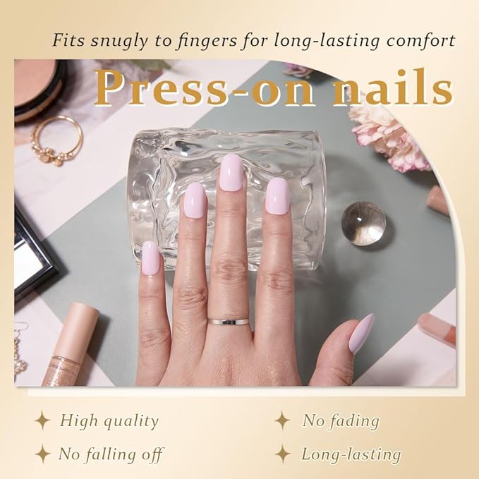 evpct Pale Mauve Medium Oval Glossy Press on Nails for Women Gift, Glossy Pale Mauve Fake Nail with Kits Manicure Kit, Soft Gel Full Cover Reusable Stick on Soft Acrylic False Nails Perfectly Fit