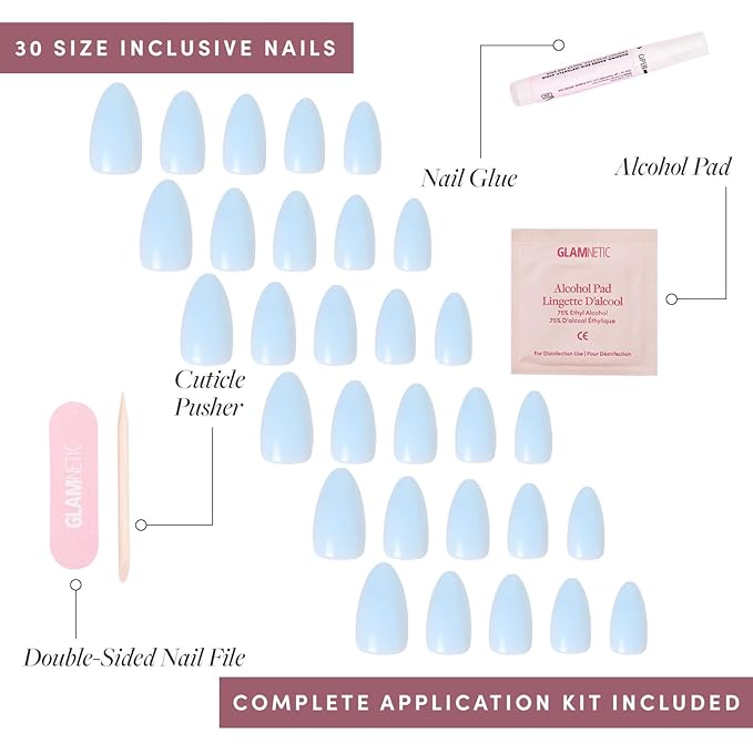 Glamnetic Press On Nails - Blueberry Milk | Solid Opaque Light Blue Short Almond Nails, Salon Quality | 15 Sizes - 30 Nail Kit