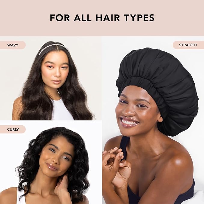 Kitsch XL Satin Bonnet for Sleeping - Softer Than Silk Hair Bonnet For Women - Secure Fit, Adjustable Night Cap For Curly & Textured Hair - Prevents Breakage, Tangles & Thinning - Black