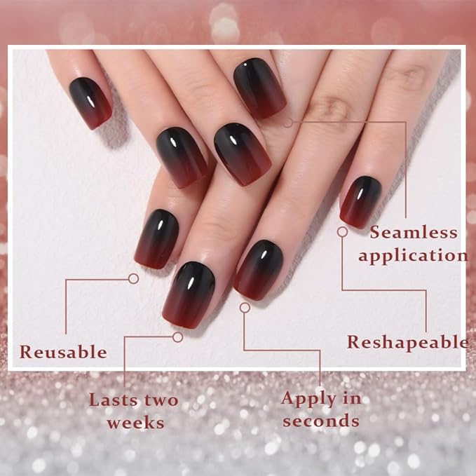 evpct Ombre Black to Red Press on Nails Extra Short, Petite Short Square Glossy Stick on Nails for Women Gift with Manicure Kit, Reusable Soft Gel Stick on Fake Nail with Ombre Designs Perfectly Fit