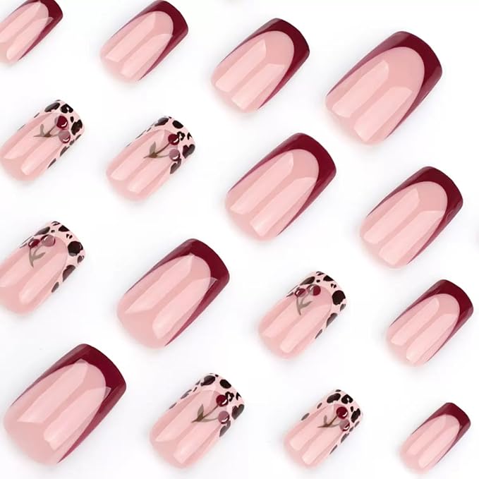 Square Press on Nails Short - French Tip Fake Nails with Leopard Print Cherry Design - Winter Nails Press ons - for Women 24 Pcs