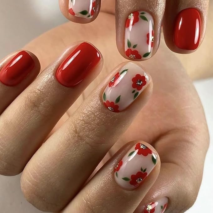 Short Press on Nails Square - Red Fake Nails with Cute Flower Design - Solid Color Full Cover Glossy Stick on Nails for Women - 24 Pcs