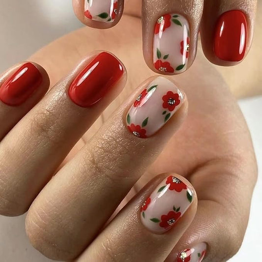 Short Press on Nails Square - Red Fake Nails with Cute Flower Design - Solid Color Full Cover Glossy Stick on Nails for Women - 24 Pcs