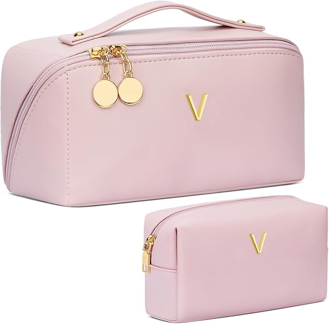 Valentine's Day Gifts for Women Teen Girl, Personalized Initial Makeup Organizer Bag Set, Open Flat Travel Cosmetic Bag With Clear Divider and Handle(Pink,V)