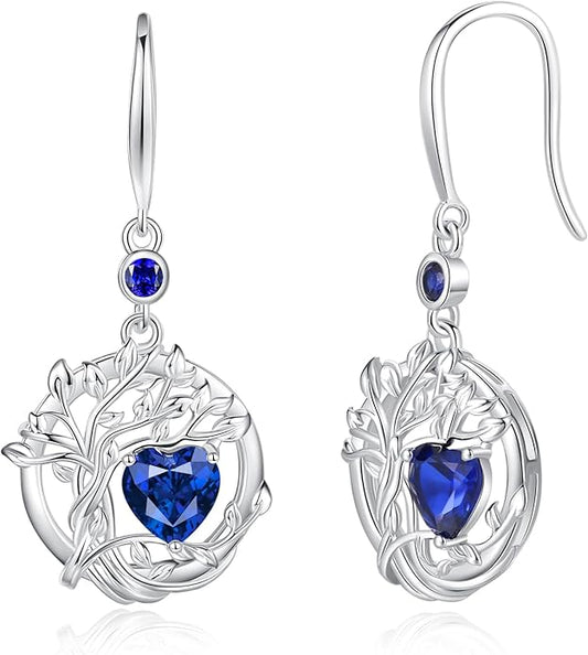 FANCIME Tree of Life Dangle Drop Earrings 925 Sterling Silver Dainty Round Gemstone Birthstone Earring Fine Jewelry Birthday Christmas Gifts for Her Women