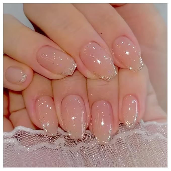 SHELWIN French Press On Nails Ready-To-Wear DIY Manicure Stick On Nails kit for Women 24 Pcs Short Medium Coffin Almond Shaped False Nails Gifts（Pink Sparkle）