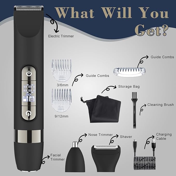 Hatteker 4 in 1 Multifunctional Dual - Head Body Hair Trimmer for Men, IPX7 Waterproof Groin & Body Hair Groomer, Rechargeable Body Electric Shaver Razor