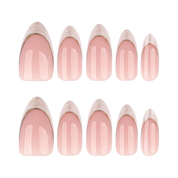 XZMeiLun Gold Line Grey French Tip Press On Nails Almond Short, French Tips Designer Reusable Acrylic Nails Press Ons, Fake Nails With Glue On, Daily Wear Floral False Nails For Women