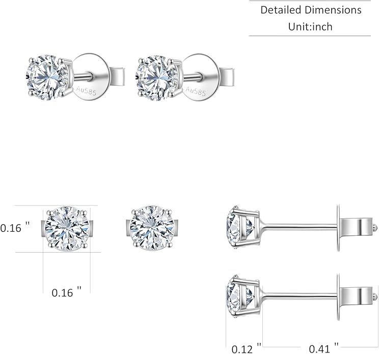 14K White Gold Lab Grown Diamond Stud Earrings, 0.5-2.00 Ct Round IGI Certified, E-F Color VS1-VS2 Clarity, Push Back Setting