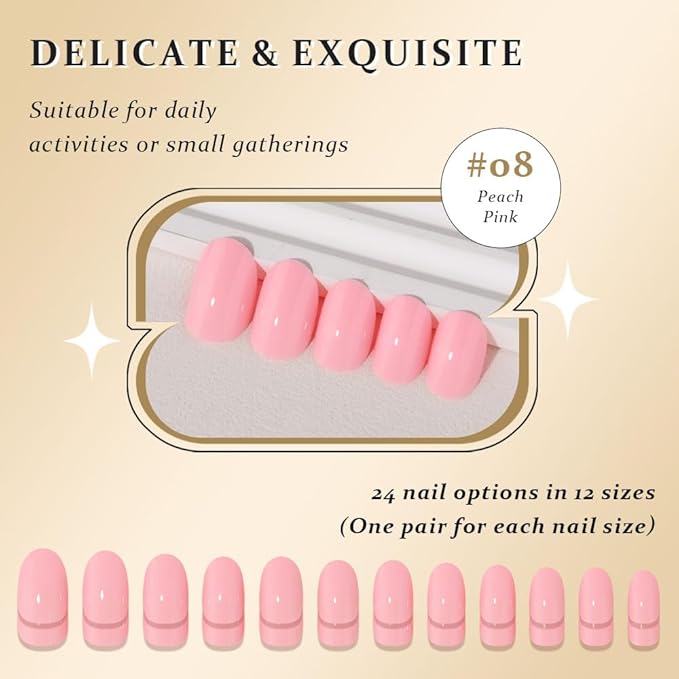 evpct Peach Pink Medium Oval Glossy Press on Nails for Women Gift, Glossy Peach Pink Fake Nail with Kits Manicure Kit, Soft Gel Full Cover Reusable Stick on Soft Acrylic False Nails Perfectly Fit