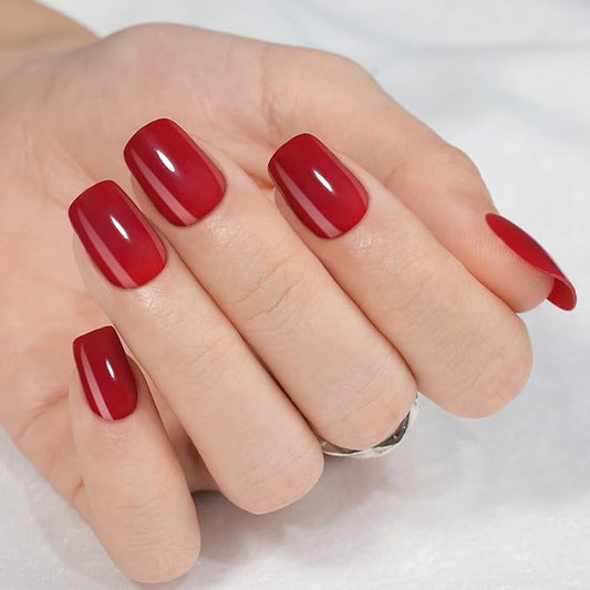 Wine Red Press on Nails Short, Jofay Fashion Glossy Red Valentines Fake Nails with Nail Glue, Square Glue on Nails, Natural Acrylic False Nails, Stick on Nails for Women Gift, Gel Nail Kit, 24pcs