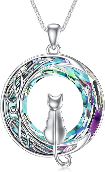TOUPOP Cat Gifts for Cat Lovers One Two Three Four Cats Necklace Sterling Silver Cats on the Moon Pendant Necklace with Blue Circle Crystal Birthday Christmas Celtic Jewelry Gifts for Women
