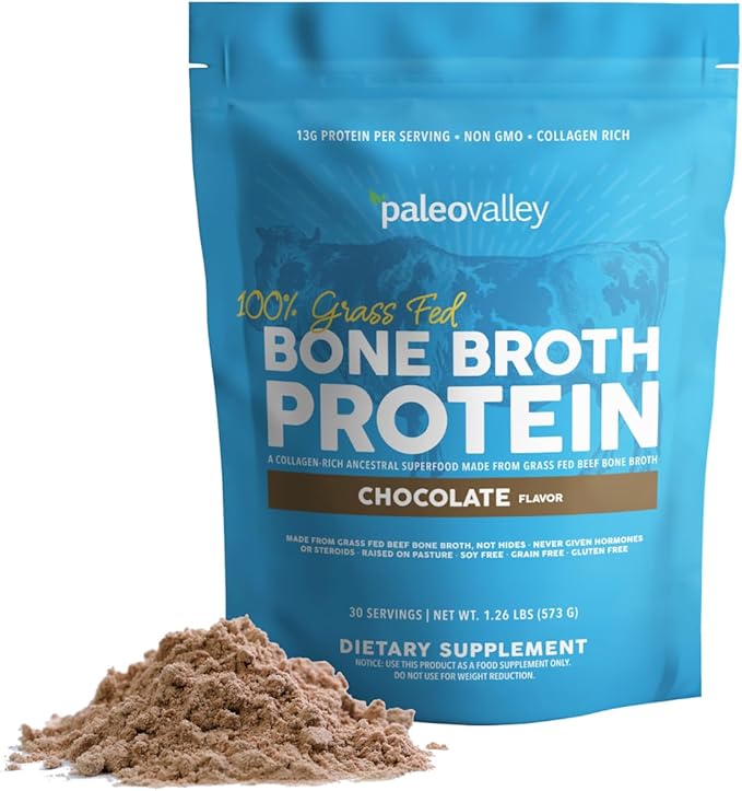 Paleovalley 100% Grass Fed Beef Bone Broth Protein Powder - Rich in Collagen Peptides for Hair, Skin, Gut Health, Bone and Joint Support - 13g Protein Per Serving - No Gluten or GMOs - Chocolate