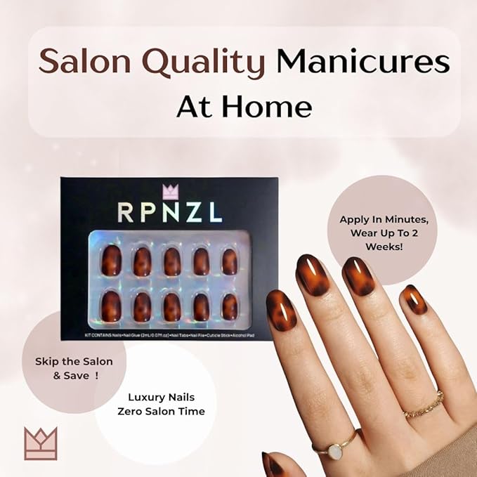 RPNZL Press On Nails - Tortoise | Amber Tortoise Shell Short Oval, Salon Quality | 32 Nails, 16 Sizes Kit with Glue and Adhesive Tabs I Female Founded - Beauty, Self Care