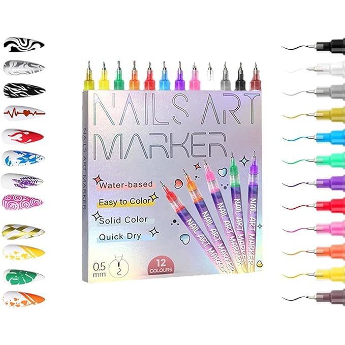 Nail Art Pens Kit, Quick Dry Nail Polish Pens in 12 Colors, Easy Art Markers for DIY Nails, Weddings and Creative Manicures