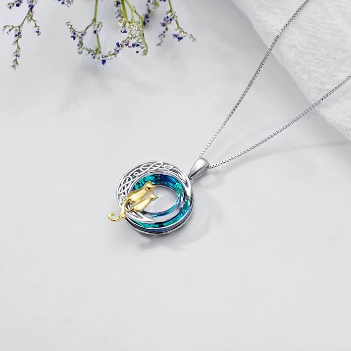 TOUPOP Cat Gifts for Cat Lovers One Two Three Four Cats Necklace Sterling Silver Cats on the Moon Pendant Necklace with Blue Circle Crystal Birthday Christmas Celtic Jewelry Gifts for Women