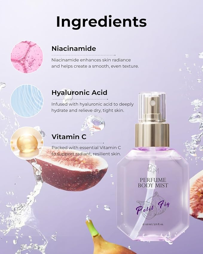 BOM Petit Fig Perfume Body Mist 3.71 Fl Oz, Fig Scented Mist with Hyaluronic Acid, Niacinamide & Vitamin C, Hydrating, Lightweight Body Perfume, Long Lasting Fragrance, Korean Skincare