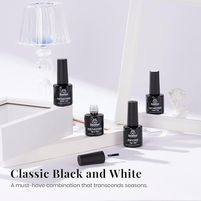 Beetles Gel Nail Polish Set - 4Pcs White Black Gel Polish Set with No Wipe Top & Base Coat Nail Polish Set Soak Off UV LED Lamp Manicure Salon DIY Home Valentines Gifts for Her Women