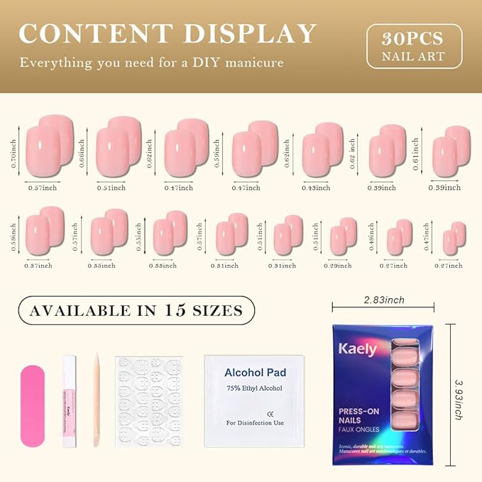 evpct Light Nude Pink Short Press on Nails Square, Glossy Soft Gel Acrylic Fake Press on Nails Manicure Kit, Reusable Artificial Stick on Nail for Women, Full Cover Easy Application Easy At-Home Salon