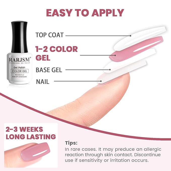 RARJSM Nude Gel Nail Polish Purplish Pink Sheer Neutral Skin Tone Color Ice Jelly Clear Pink Gel Polish Transparent Nail GelPolish Soak off UV LED Cured for Home Salon DIY Manicure 15ml Single Bottle